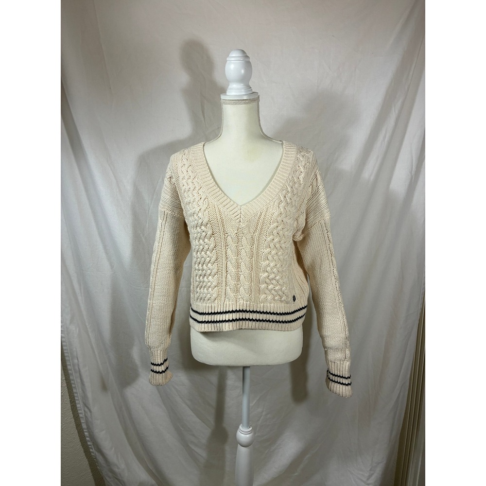 Abercrombie & Fitch Womens Cream Cable Knit V-Neck Varsity Stripe Sweater Small